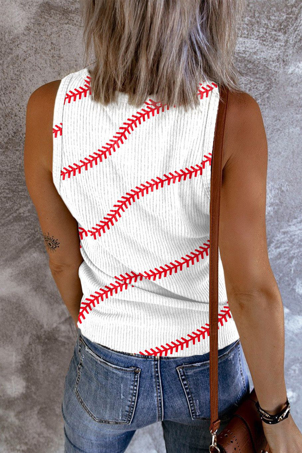 BASEBALL KNITTED TEXTURE GRAPHIC V NECK SHIFT CASUAL TANK TOPS