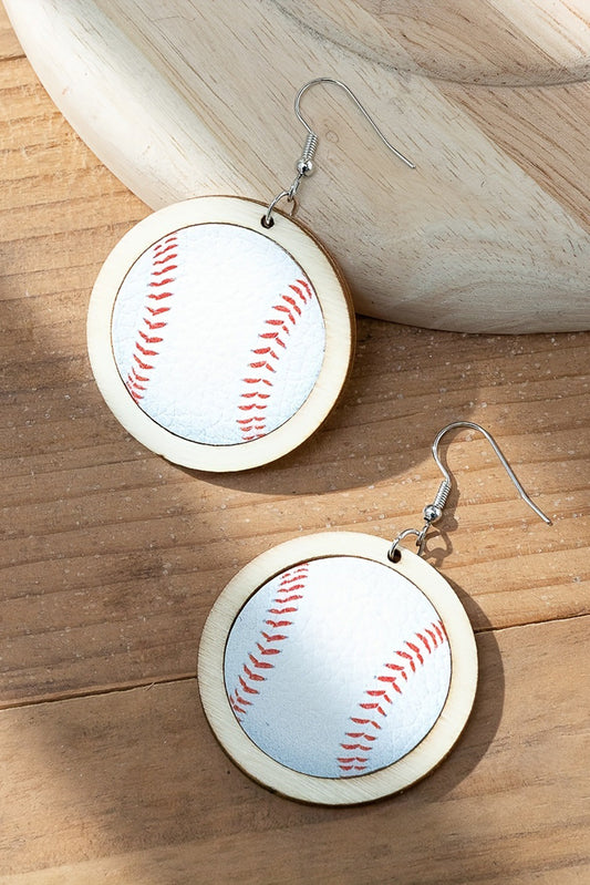 WOODEN LEATHER INSET BASEBALL EARRINGS