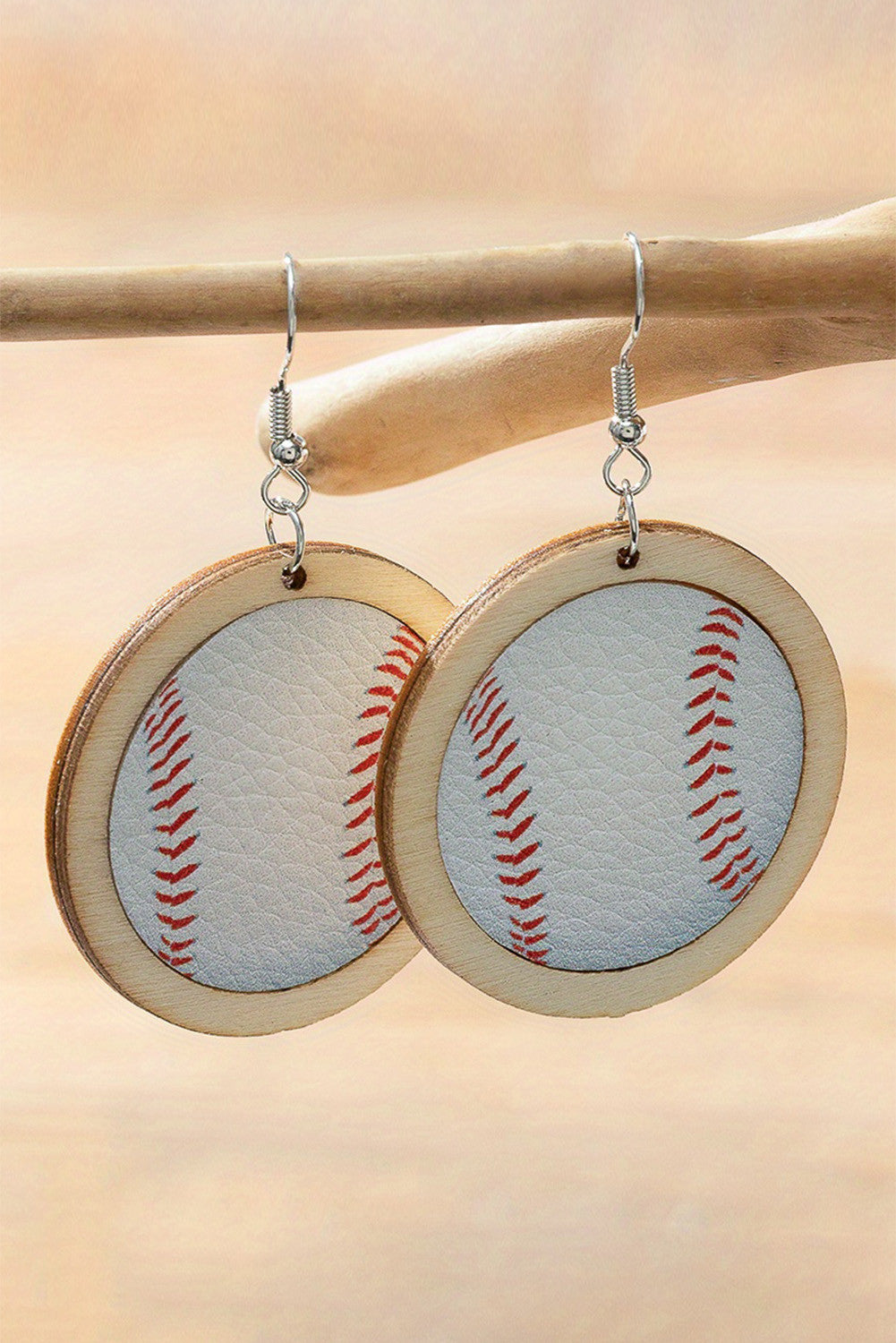 WOODEN LEATHER INSET BASEBALL EARRINGS