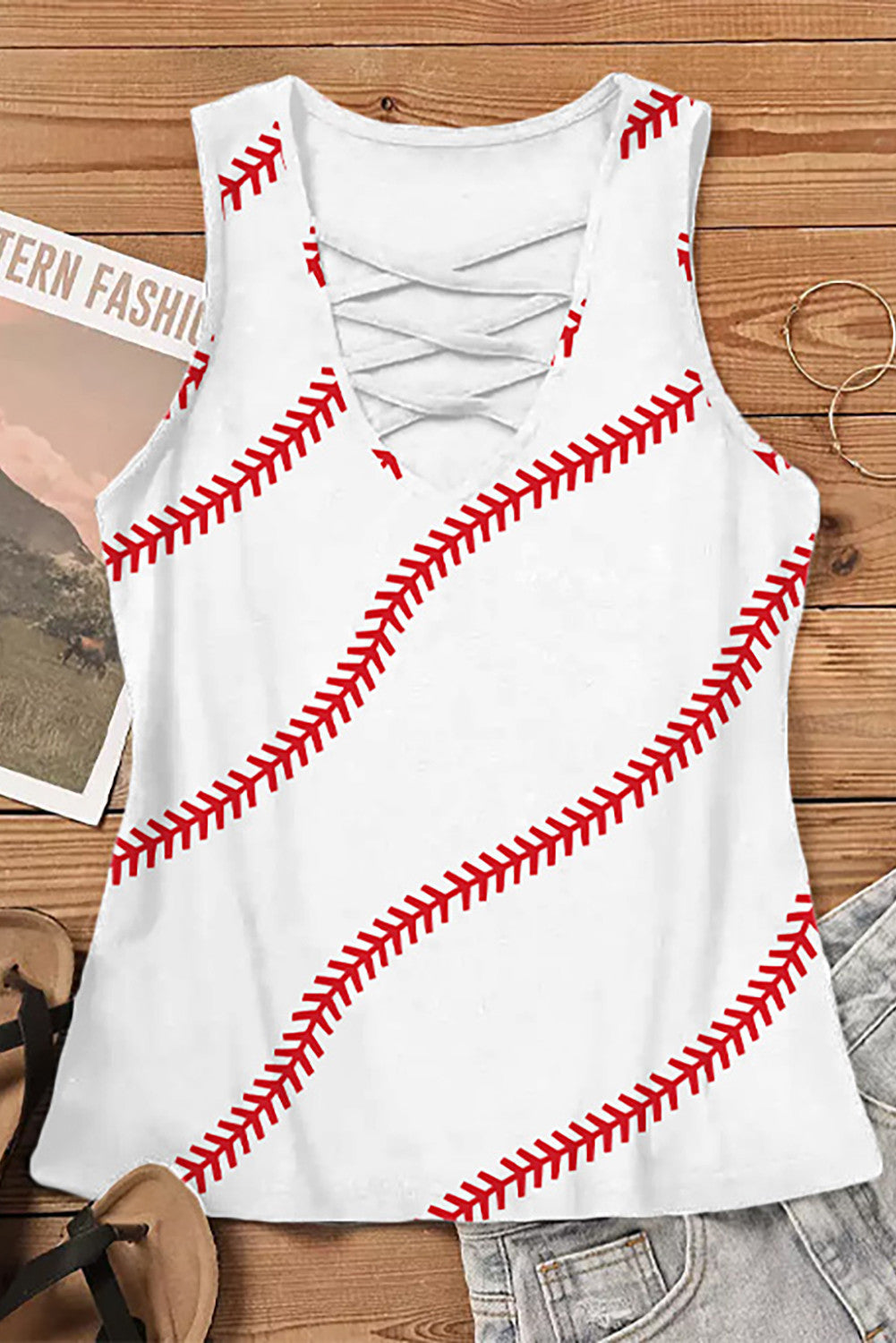 BASEBALL STRIPED V NECK SHEATH CASUAL TANK TOPS