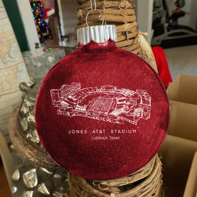 Personalized Jones AT&T Stadium - Texas Tech Red Raiders football Christmas Glitter Ornament Ball, Xmas Football Stadium Ball