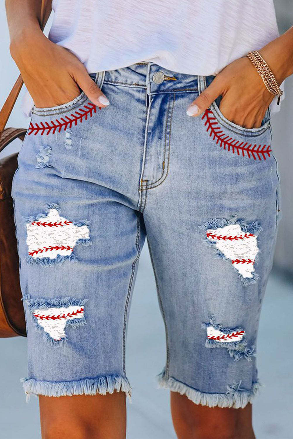 BASEBALL GRAPHIC CUT-OUT RAW HEM SHEATH CASUAL DENIM SHORTS