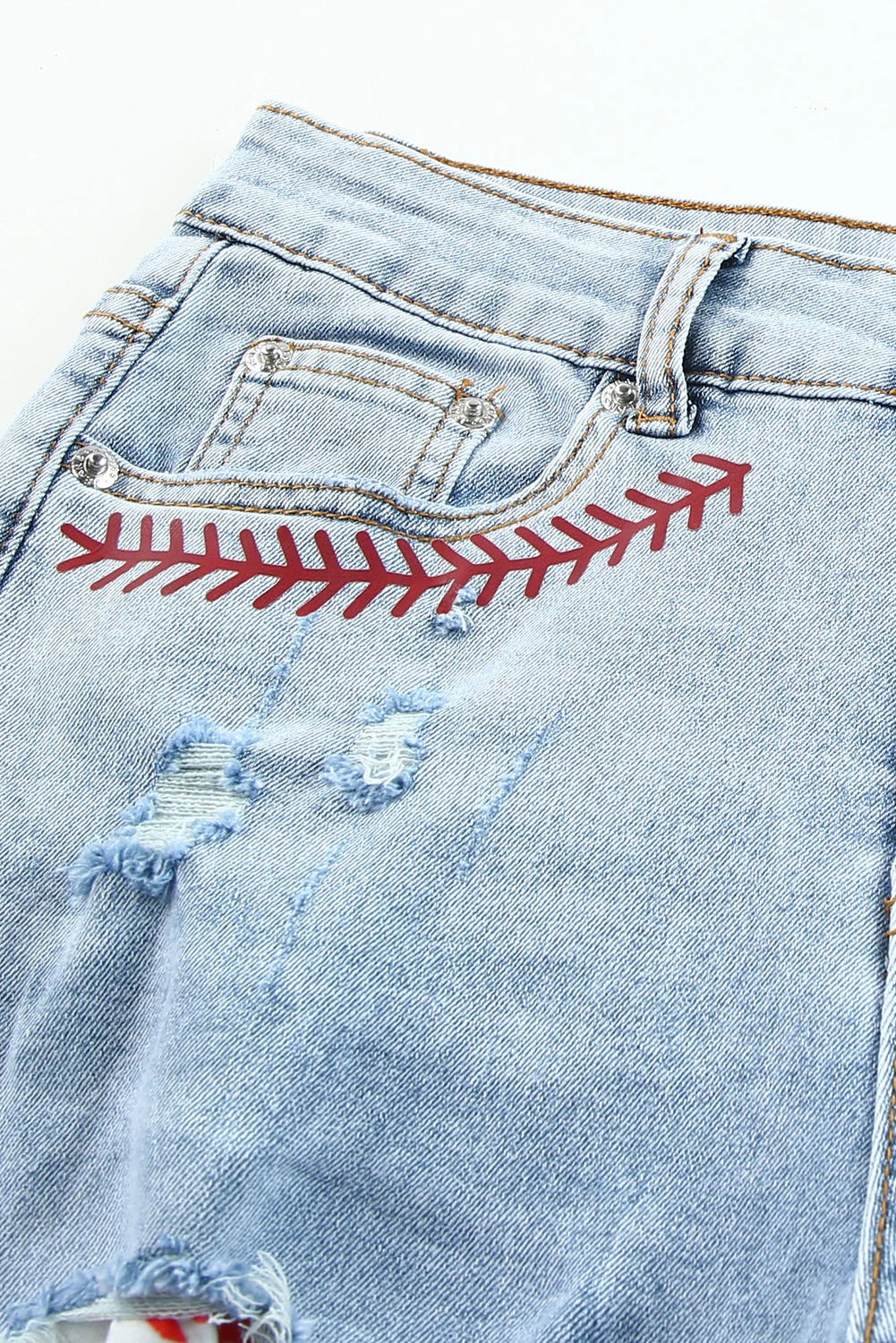 BASEBALL GRAPHIC CUT-OUT RAW HEM SHEATH CASUAL DENIM SHORTS