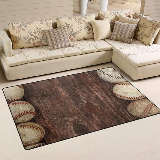 Vintage Wooden Baseball Kids Rugs, Plank Sports Stain Resistant Area Rugs, Breathable Durable Carpet, Machine Washable Mat for Front Entrance Floor Decor