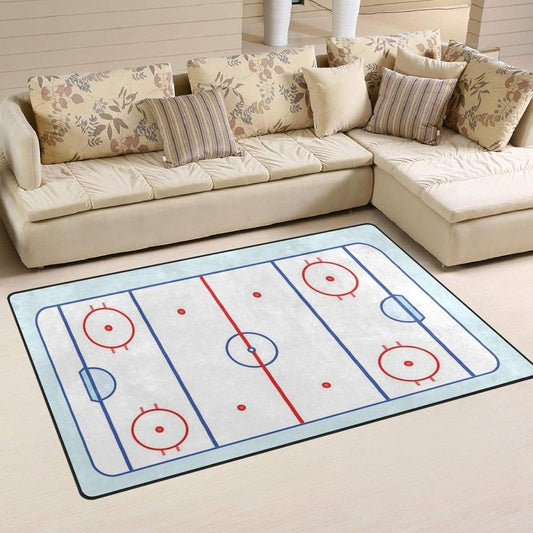 Ice Hockey Rink in Blue and Red Kids Rugs, Sports Field Stain Resistant Area Rugs, Breathable Durable Carpet, Machine Washable Mat for Bedroom Decor