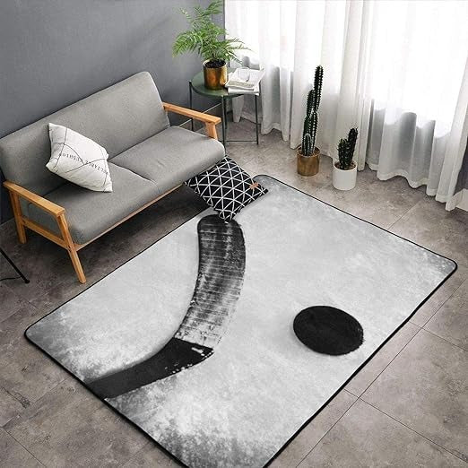 Ice Hockey Ball Kids Rugs, Black White Ice Hockey Sport Thick Soft Plush Area Rugs, Breathable Durable Carpet, Machine Washable Mat for Hardwood Floors Decor