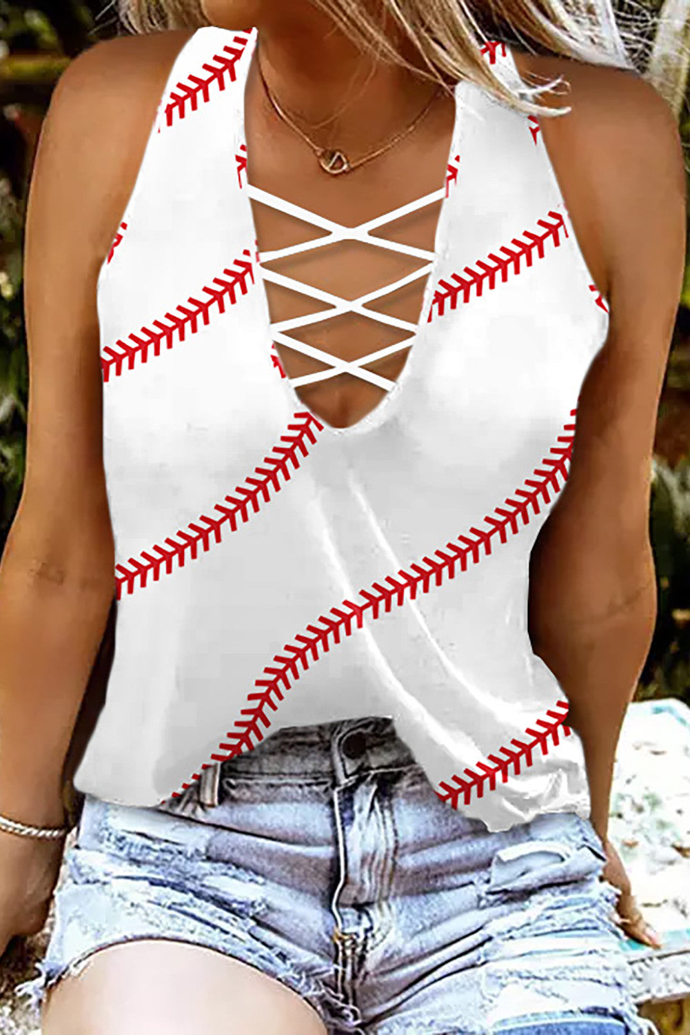 BASEBALL STRIPED V NECK SHEATH CASUAL TANK TOPS