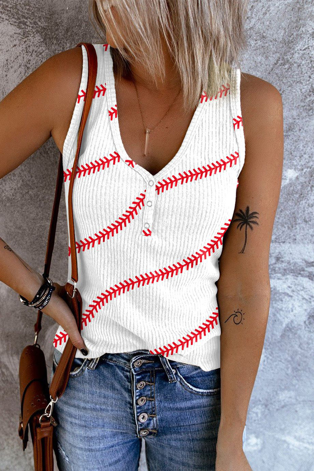 BASEBALL KNITTED TEXTURE GRAPHIC V NECK SHIFT CASUAL TANK TOPS