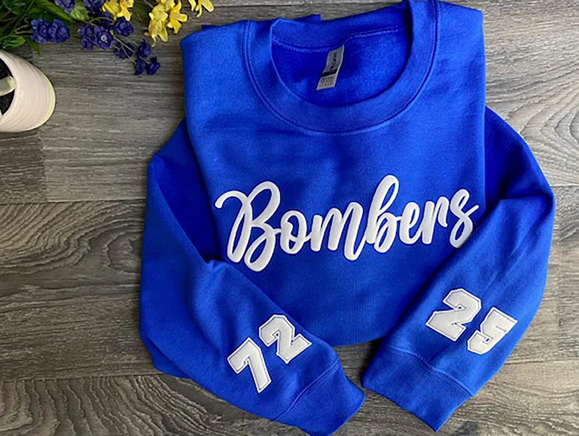 CUSTOM Team Sweatshirt, embossed puff, Custom Team Name Sweatshirt, Mascot, School Spirit, Varsity Team, number on sleeve, team tee shirt