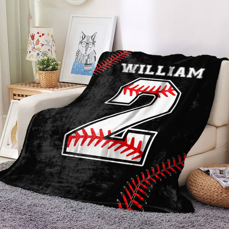 Personalized Baseball Blanket, Custom Name Number Soft Cozy Sherpa Fleece Throw Blankets, Baseball Gift for Dad, Husband, Boyfriend, Son